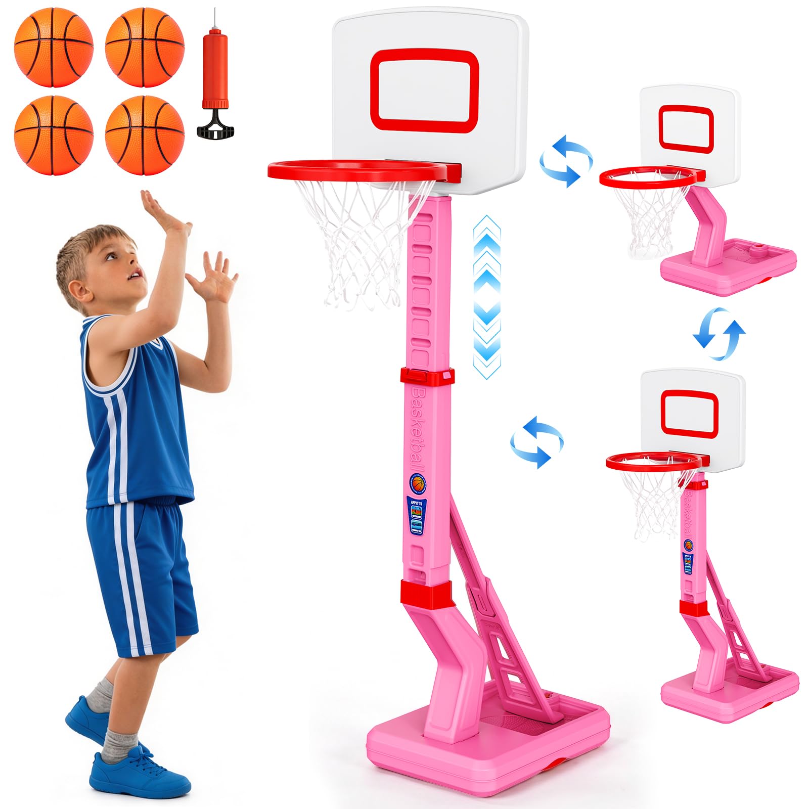 Kids Adjustable Basketball Hoop and Stand 5-Level (2.3-4.5FT/70-138cm), Indoor Outdoor Sport Toy with 4 Balls & Pump, Birthday Gift for Boys Girls 3-8 Years