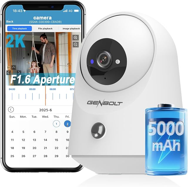 GENBOLT 2K WiFi Caméra de sécurité intérieure, IP Caméra pour animaux de compagnie, baby monitor Nanny , Pan Tilt,5000mAh Batterie alimentée, détection PIR