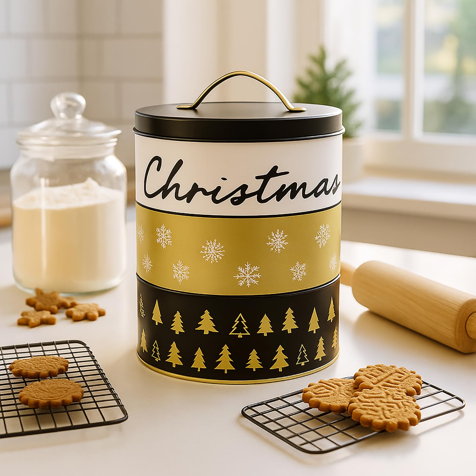 KAMACA 3-stöckige Weihnachts- Keksdose mit Tragegriff jede Ebene separat befüllbar mit Deckel transportierbar aus Metall rund Gebäckdose Aufbewahrungsdose Weihnachten (3er Set Merry Christmas)