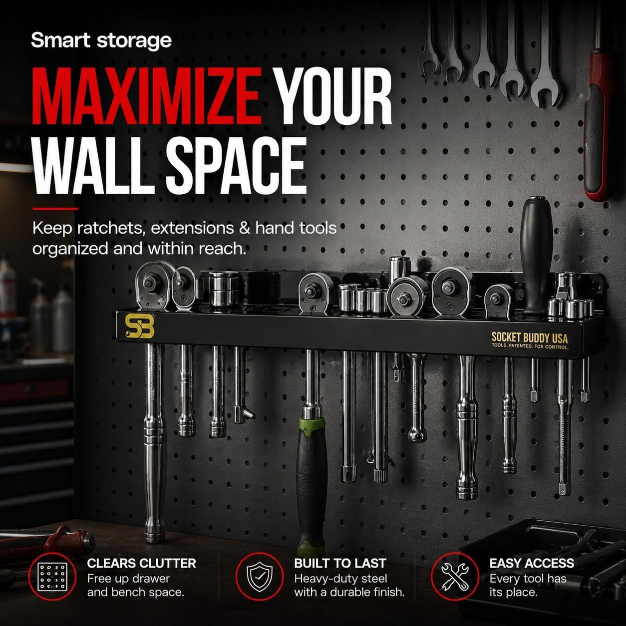 Socket Buddy Steel Screwdriver Organizer Wall Mount – 24 Slot Multi Tool & Ratchet Holder | Premium Garage Storage System & Workbench Organizer for Professional Mechanics and DIY Enthusiasts image 2