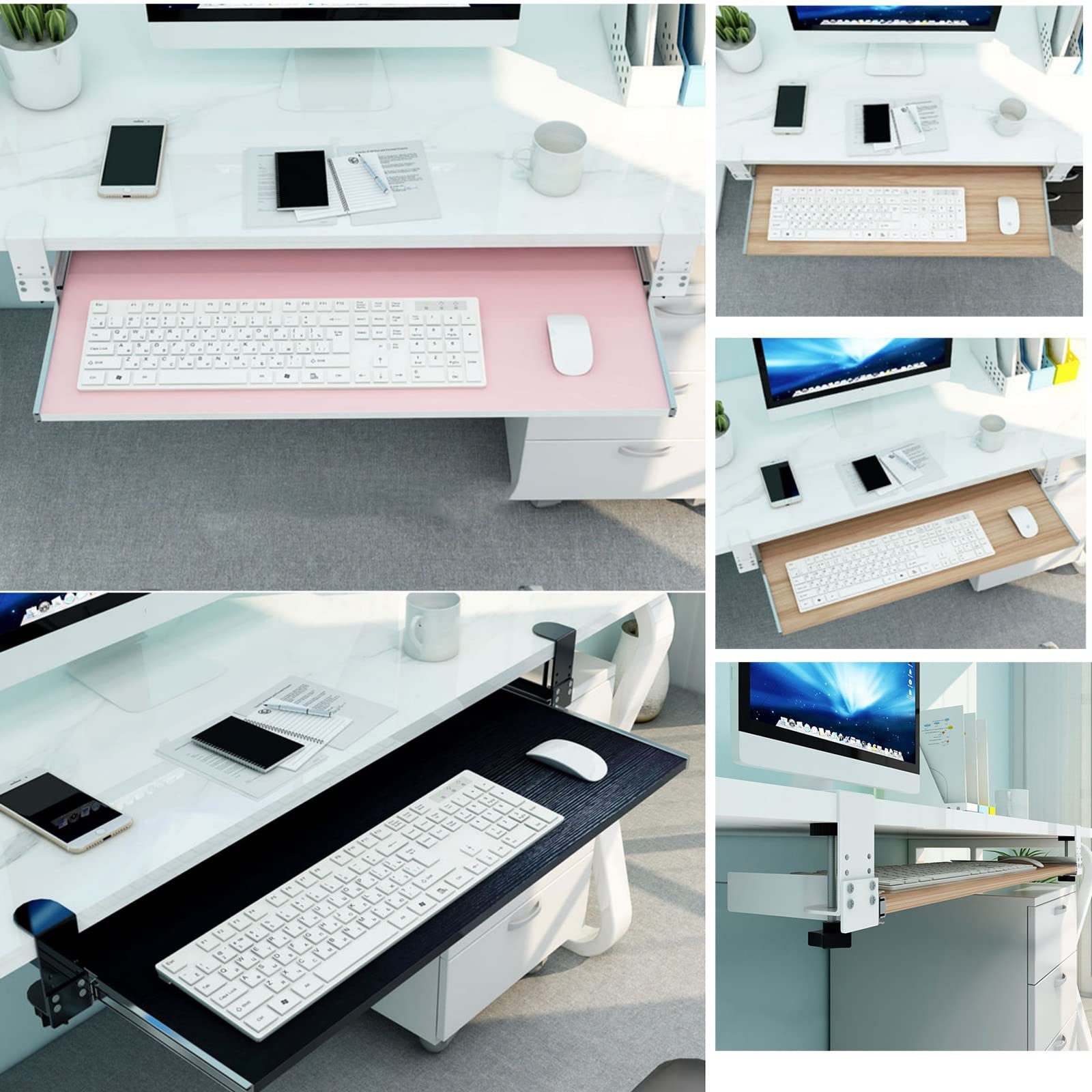 Ergonomiczna taca na klawiaturę pod biurko z regulowanym podłokietnikiem, półka, zacisk na wysuwanej platformie, do biura i organizerów przestrzeni roboczej, wykończenie orzechowe, 55 x 30 cm (22 x 12