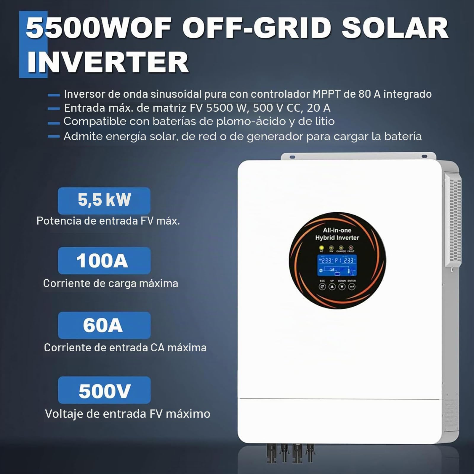 Inversor Solar Híbrido Todo En Uno 5500 W, Inversor Híbrido Fuera Red 48V A 110V/220V, Controlador Carga Solar Mppt 120 A Integrado + Cargador Ca, Compatible con Conexión En Paralelo