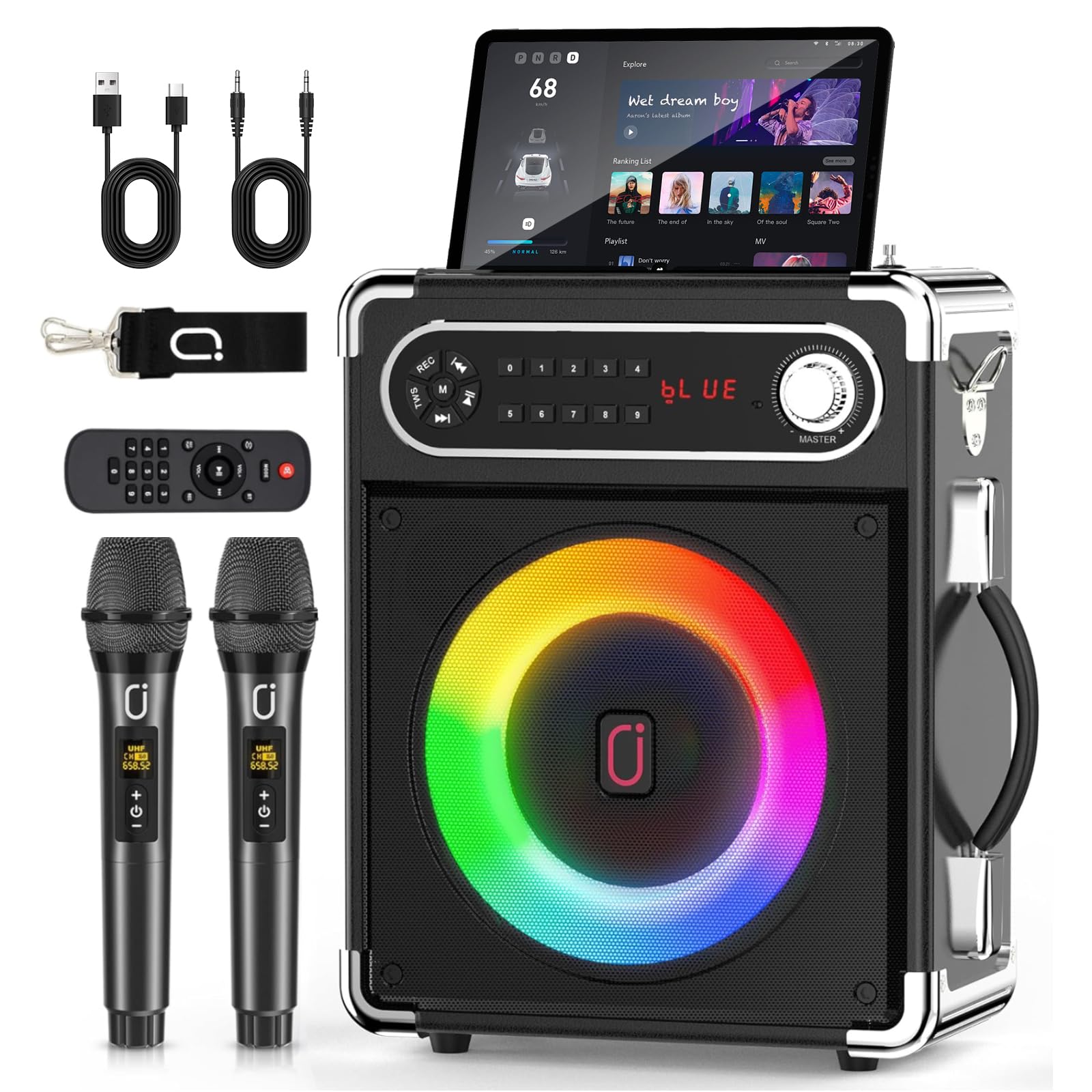 JYX Karaoke-Maschine mit 2 UHF-Funkmikrofonen, Tragbarer Bluetooth-Lautsprecher mit Bass-/Höhen-Einstellung, Fernbedienung und LED-Lichtern, unterstützt TF-Karte/USB, AUX IN, FM, REC für Party-Schwarz