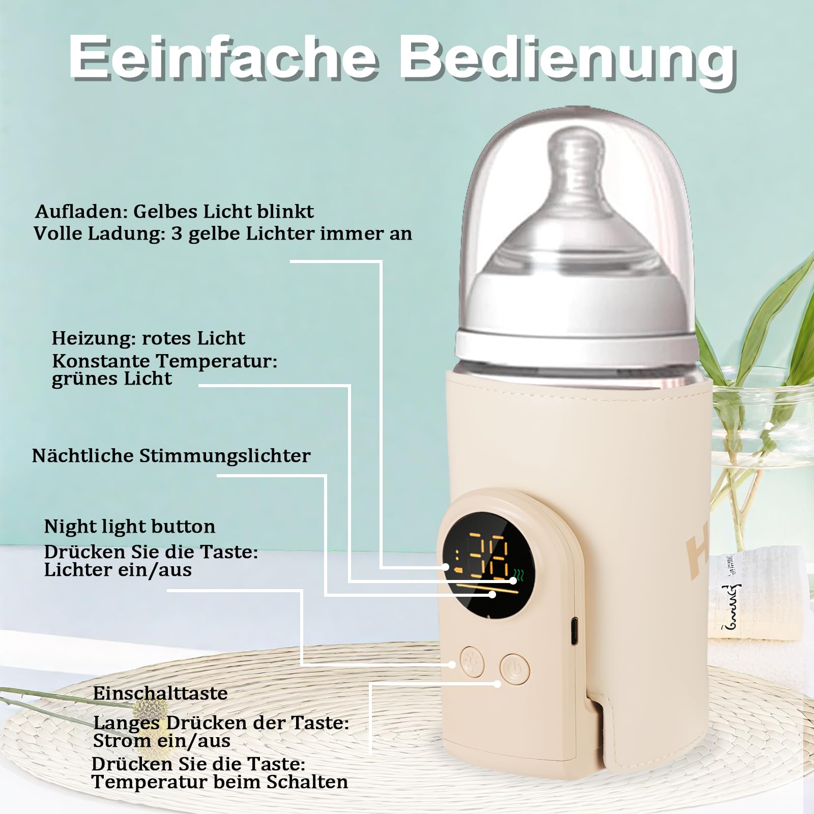 Flaschenwärmer Baby unterwegs mit 6-Temperaturstufen (38°C-50°C) - USB-C Flaschenwärmer für Unterwegs, Kompakt in Reisegröße, Intelligentes LCD & Thermikontrolle für Milch/Beikost (Gelb)