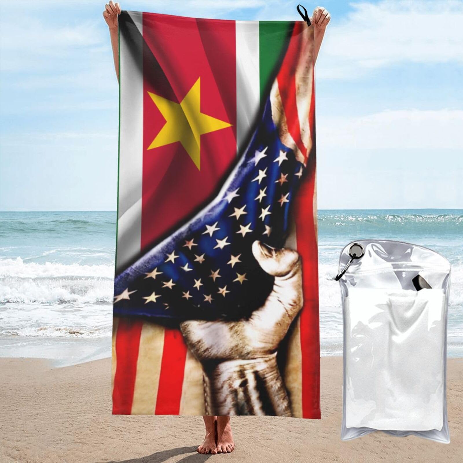 HACXZ Bathroom Beach Towels America Flag and Suriname Flag Large Camping Towel Microfiber Beach Towel