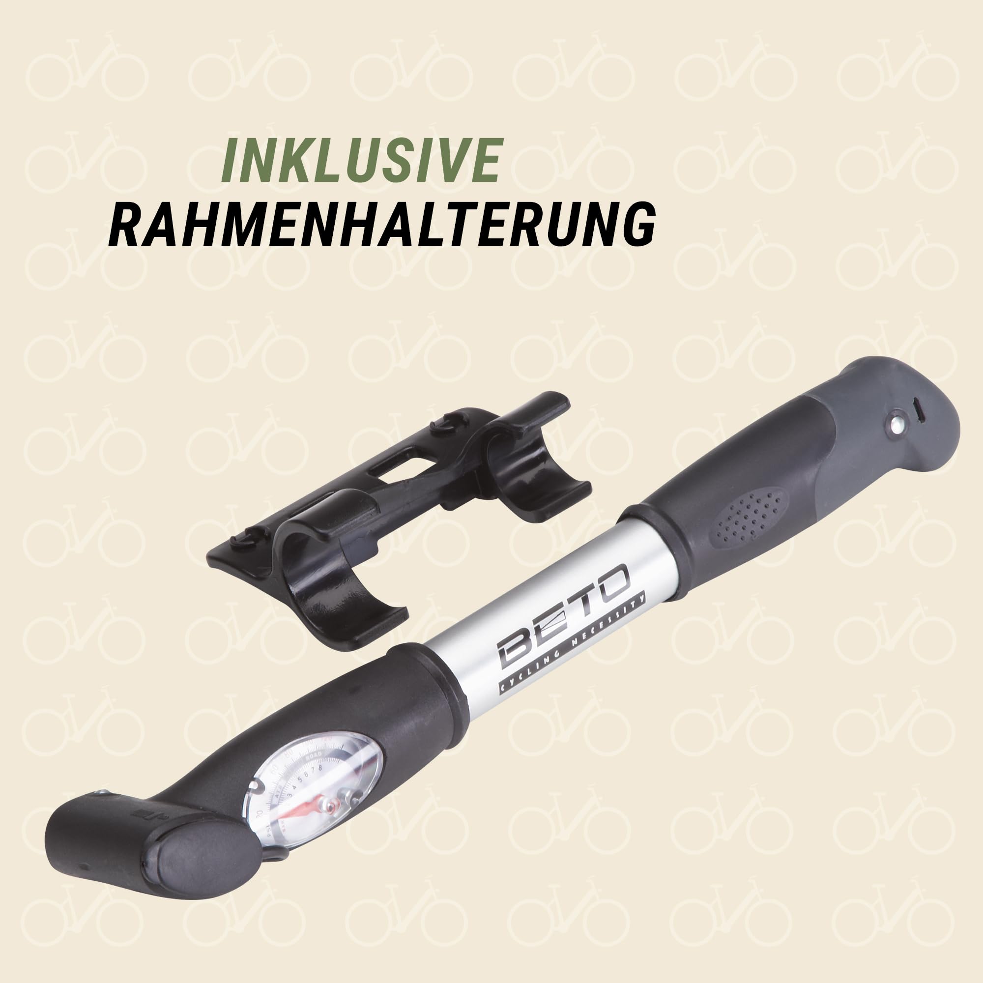 Prophete Alu Mini-Luftpumpe „Two-Way“ – Dual-Aktion für schnelles Aufpumpen, Duo-Kopf für alle Ventile, integriertes Manometer, inkl. Rahmenhalter, leicht & robust Sport & Freizeit