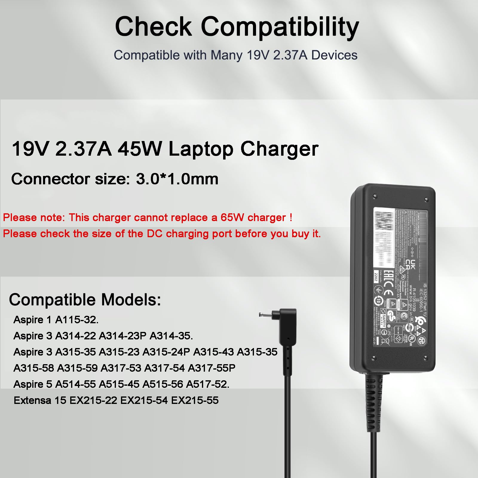 45W Alimentation Chargeur pour Acer Aspire A315-23 A315-24P A315-35 A317-53 A317-54 A317-55P A115-32 A314-22 A314-23P A514-55 A515-45 A517-52 EX215-22 Acer Aspire 3 5 Chargeur (3.0 * 1.0mm)
