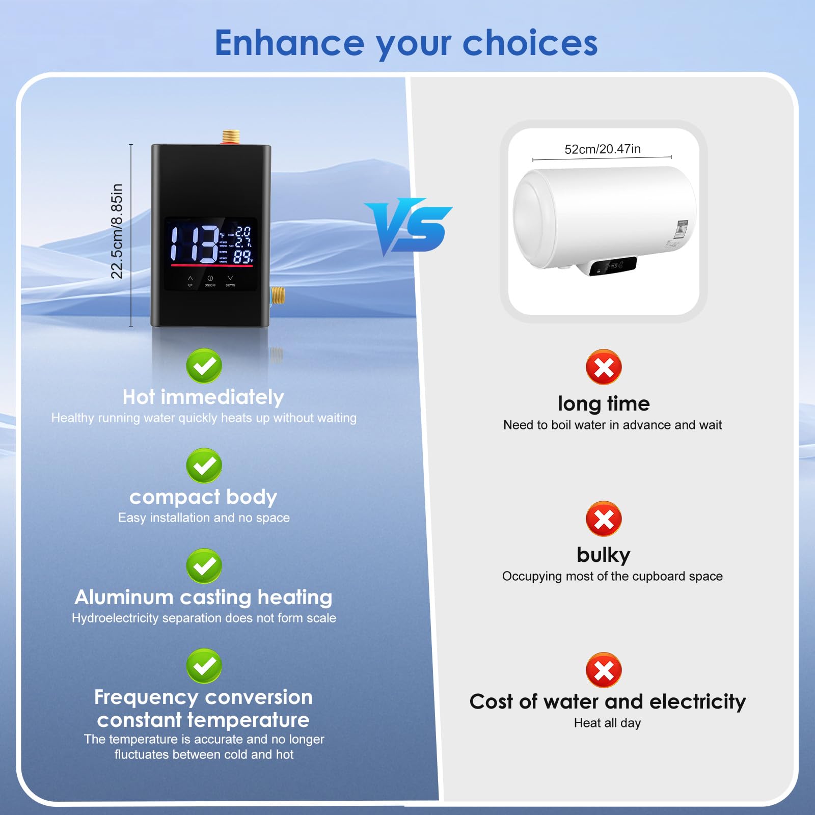 Scaldacqua istantanea da cucina 6000 W 220 V compatto scaldabagno piccolo con touch + remote, display LED IPX4 – Mini scaldabagno per lavello, bagno e camper, scaldabagno elettrico istantaneamente hei