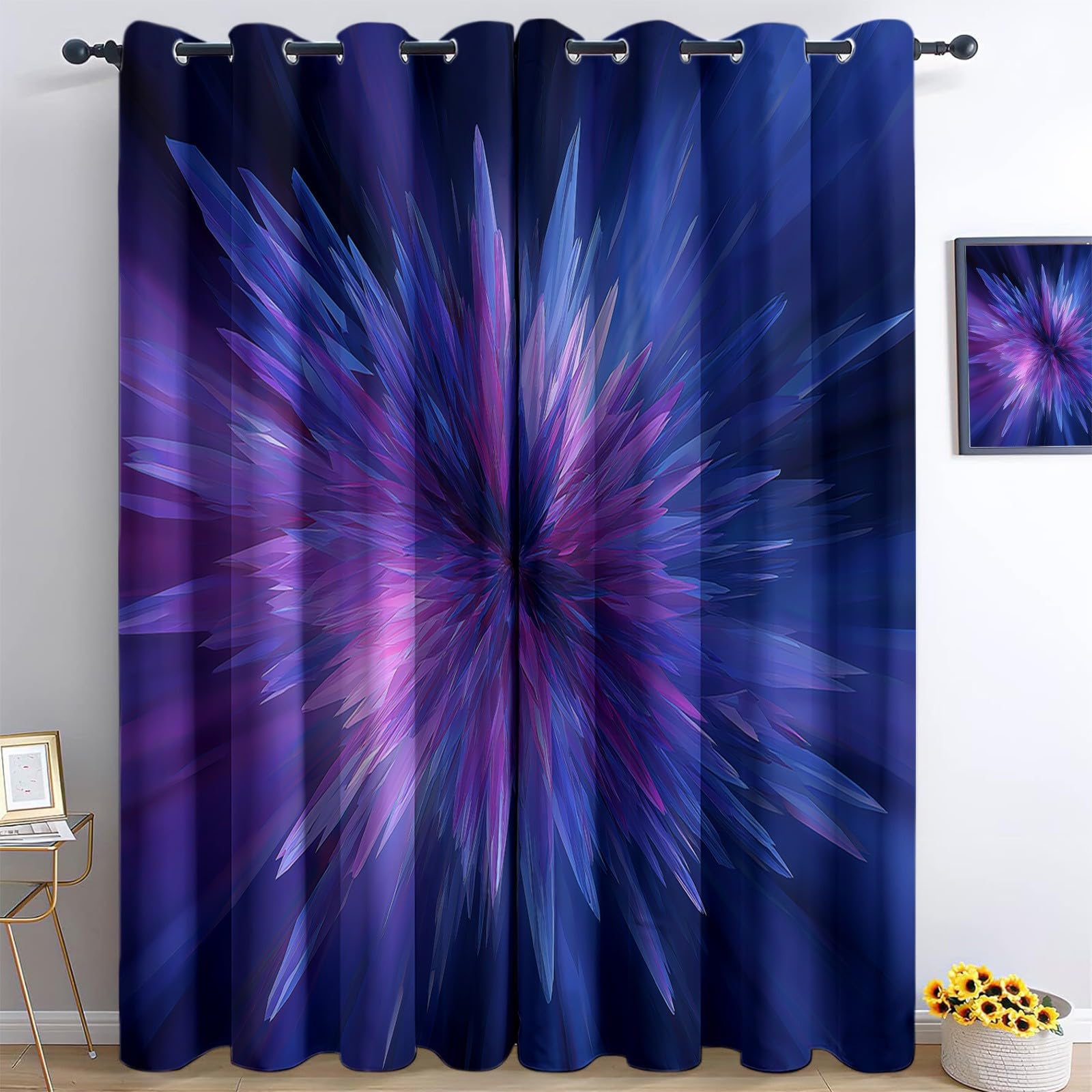 Genérico Arte Abstracto Cortinas Opacas Polígonos Azules Y Morados Flores,140 x 260 cm (2 Paneles), con Ojales - Tratamientos de Ventana Estampados para Dormitorio o Sala de Estar
