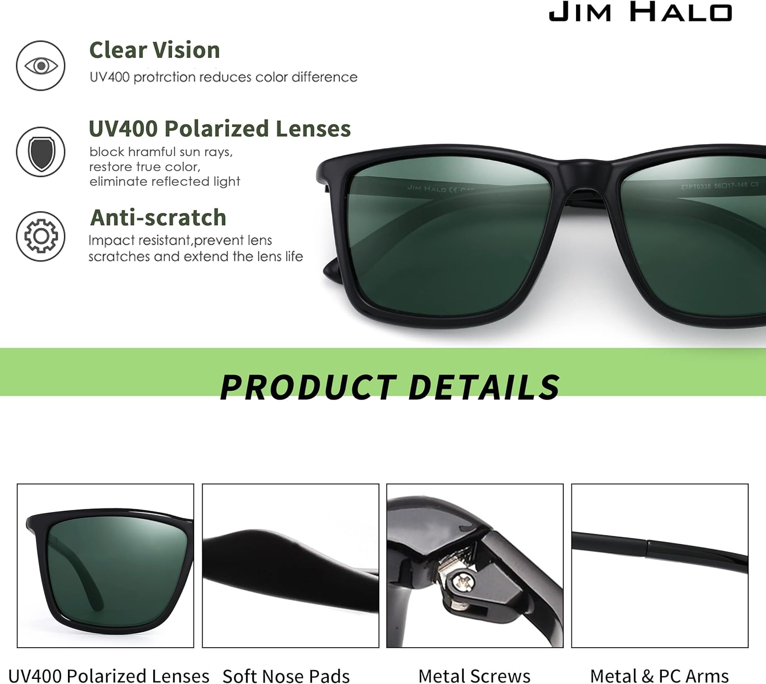 JIM HALO Polarized Driving Sunglasses Retro Square UV protection Classic Sun Glasses Men - Image 3
