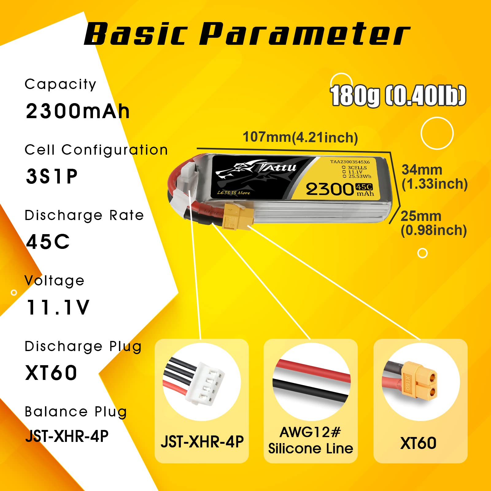 Tattu 3S Batteria Lipo 3S 2300mAh 45C 11,1V Custodia morbida Batterie con connettore XT60 Spina per FPV Racing Quadcopter Racing