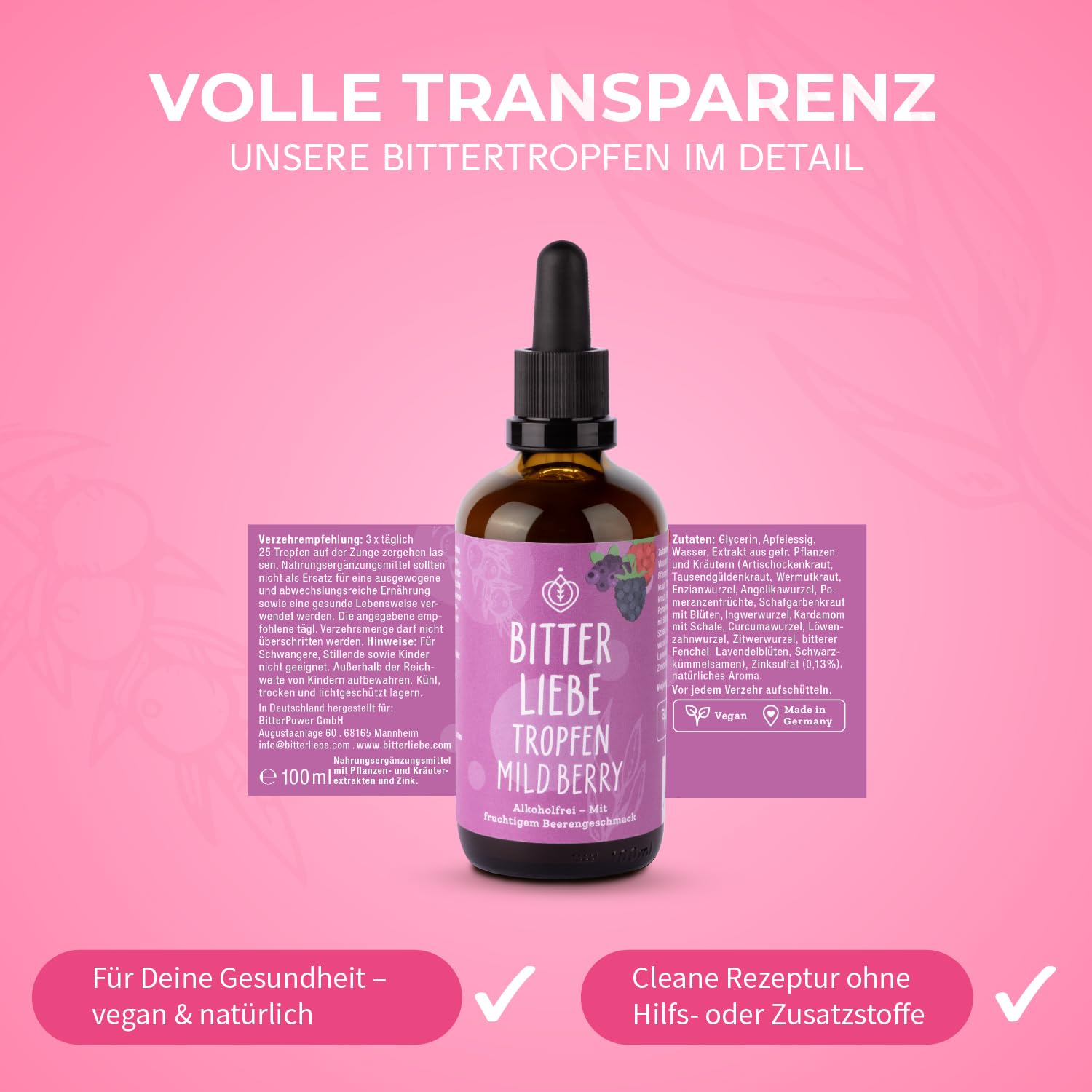 BitterLiebe - Bittertropfen Mild Berry - alkoholfreie Bitterstoffe Tropfen mit Fruchtgeschmack - Artischocke & Löwenzahn für die Verdauung* - gegen Süßhunger - Vegan & Made in Germany