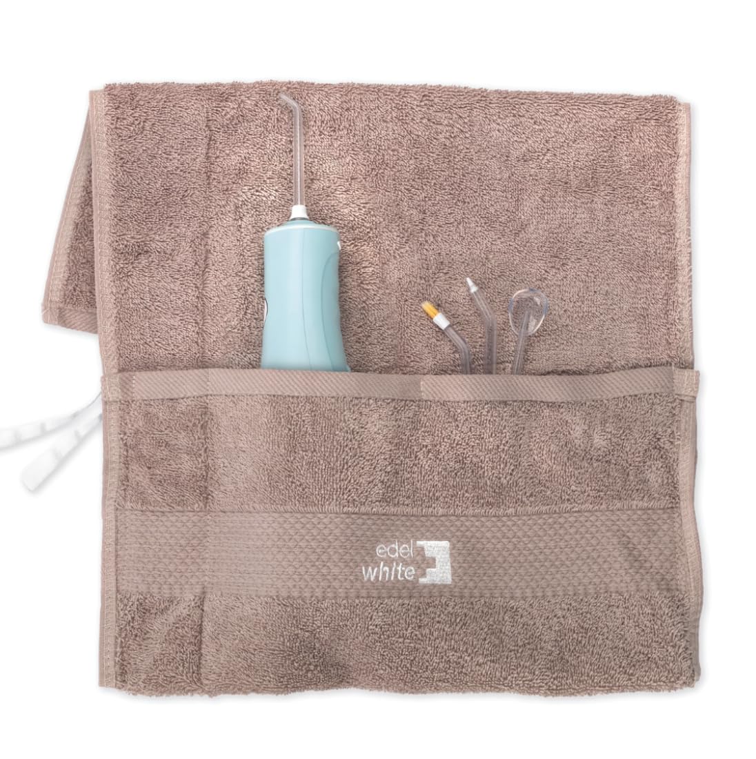 Edelwhite Flosserpik Power SPA - Irrigador bucal portátil con batería muy potente, 3 intensidades de chorro de agua, 4 cabezales diferentes, toalla de mano