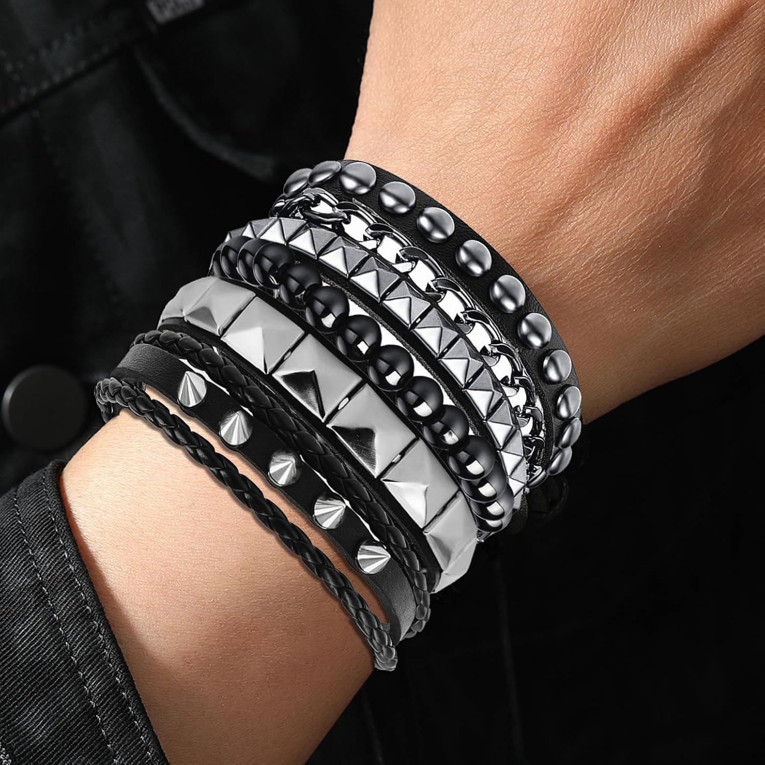 4 Pcs Leather Studded Bracelets for Women, Mens Spiked Punk Rock Grunge Cuff Wristbands Emo Accessories Set for 80s 90s Outfits
