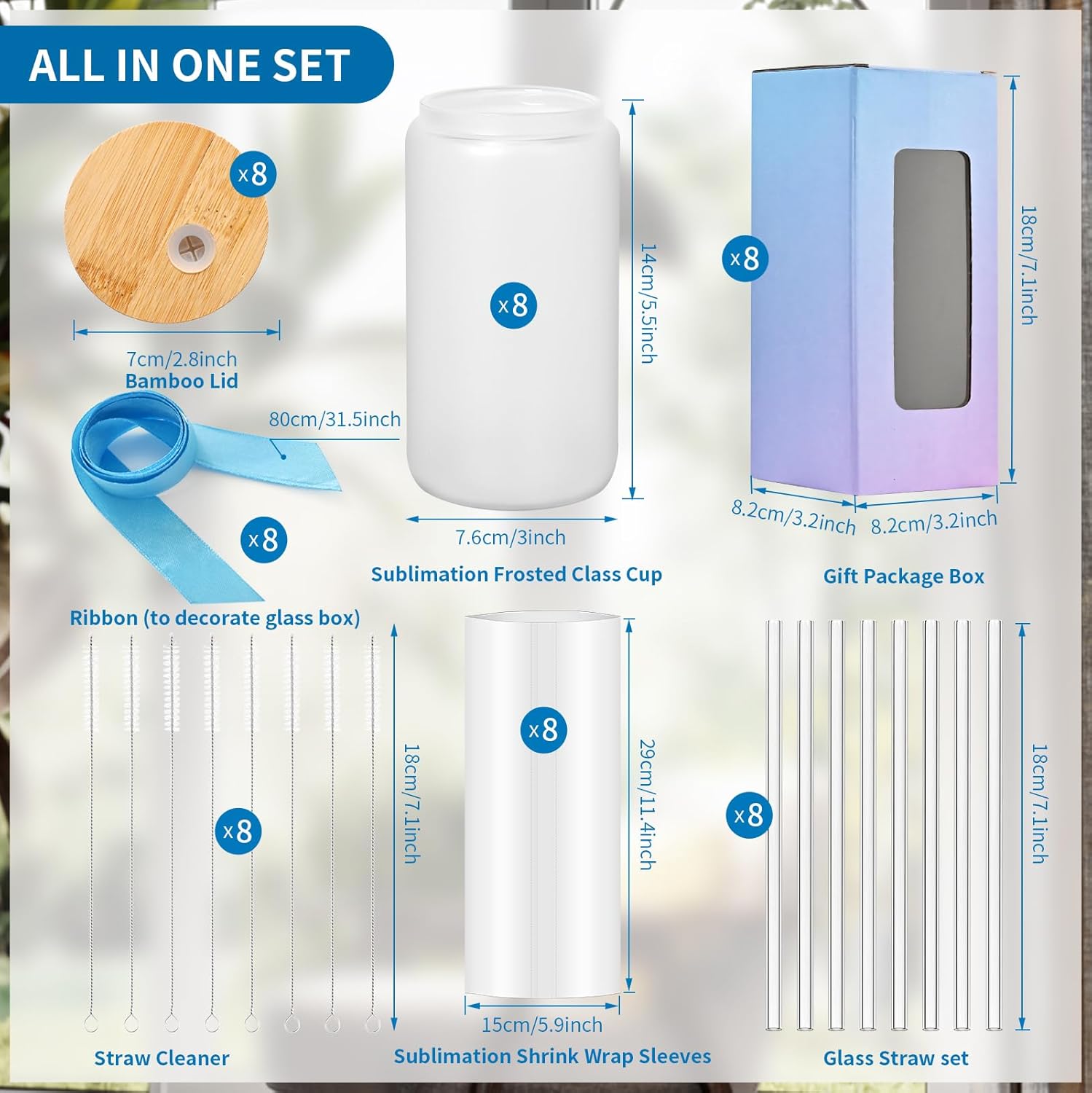 Sublimation Glass Blanks with Bamboo Lid, MAFYE 16OZ Frosted Sublimation Beer Cups with Glass Straws Gift Box for Mother's Day, Mason Jar Cups Mug Travel Tumbler for Juice, Iced Coffee, Drinks(8 PACK)