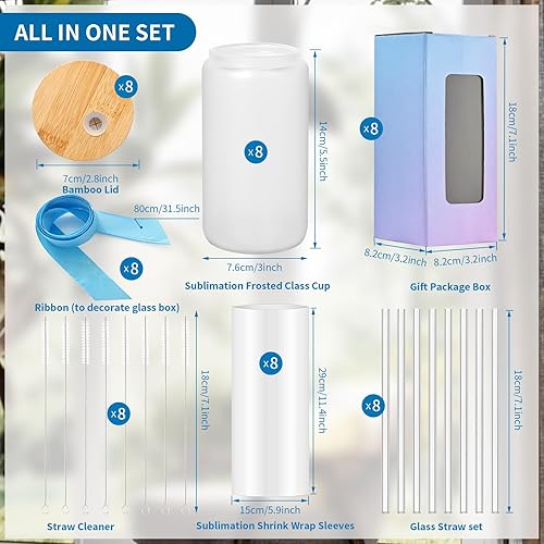 Miniatura 7 de Vasos de vidrio de sublimación con tapa de bambú, tazas de cerveza de sublimación esmeriladas de 16 onzas con pajitas de vidrio, caja de regalo para