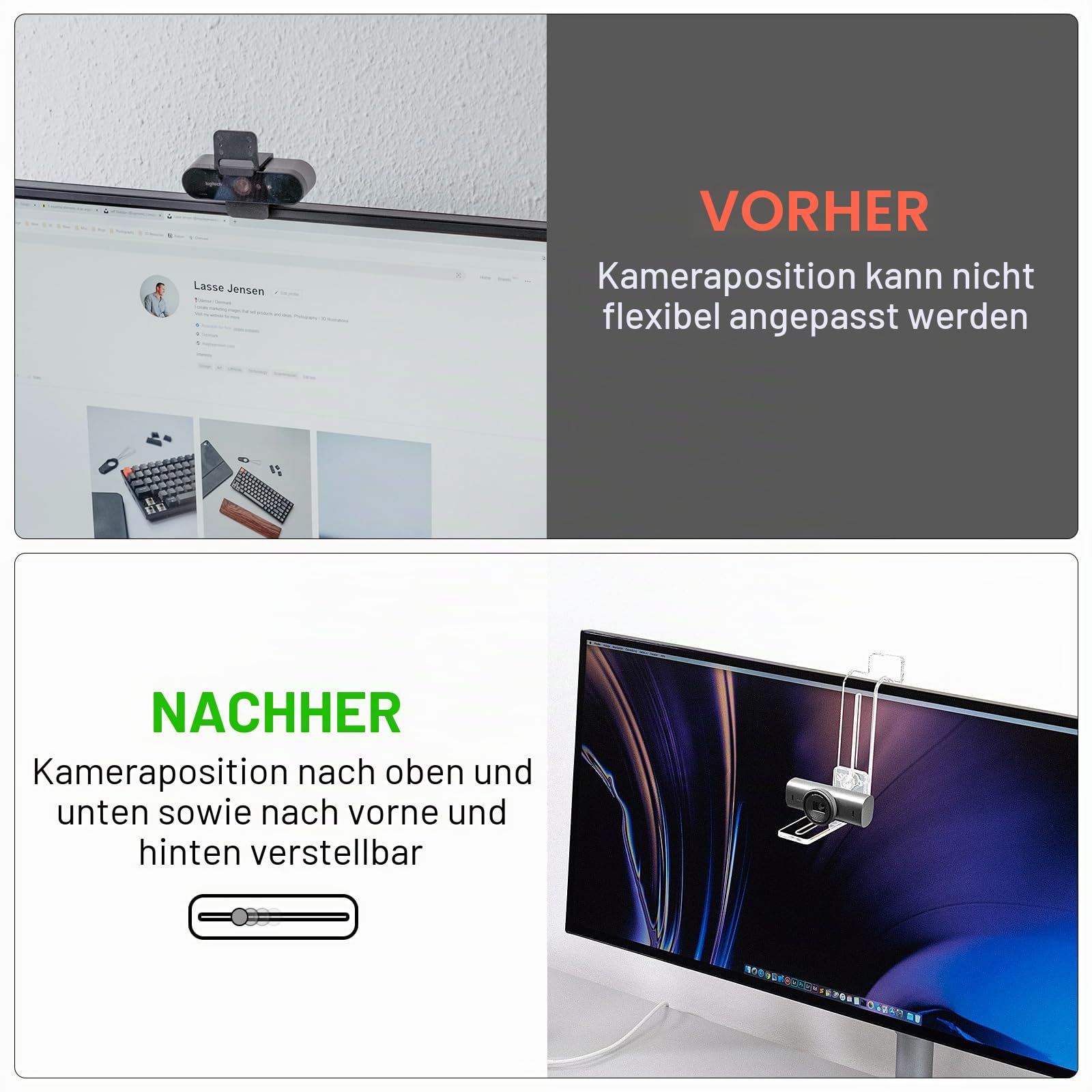 Webcam-Halterung für Mittelbildschirm / Mittelbildschirm, Positionierung der Webcam überall auf dem Monitor, Laptop-Bildschirm, kompatibel mit Logitech MX Brio, C920x, C922, C930 Webcams