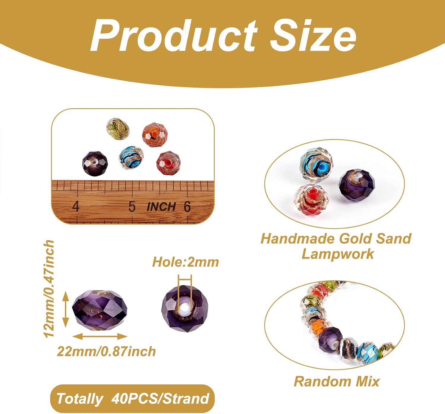 Craftdady 12mm Gold Sand Lampwork Faceted Glass Beads Millefiori Round Loose Bead with 1mm Hole for Jewelry Making, About 40pcs/Strand - Image 2