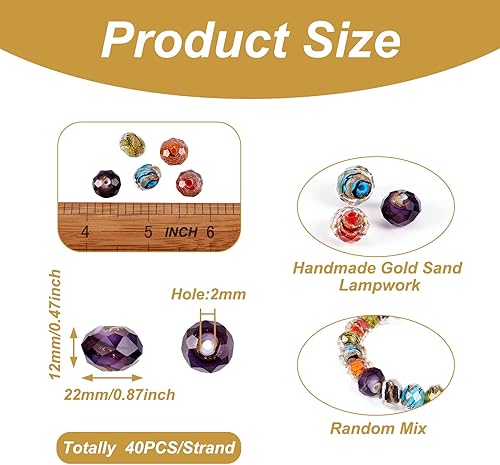 Miniatura 2 de Craftdady Cuentas de vidrio facetadas de arena dorada de 0.47 pulgadas Millefiori, cuentas sueltas redondas con agujero de 0.039 in para fabricación