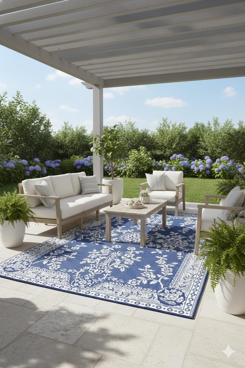 Mad Mats Outdoor Rug, Reversible Plastic Mat for Patio, Porch, Deck, Kitchen & Bath, Garland, 4' x 6', Blue White