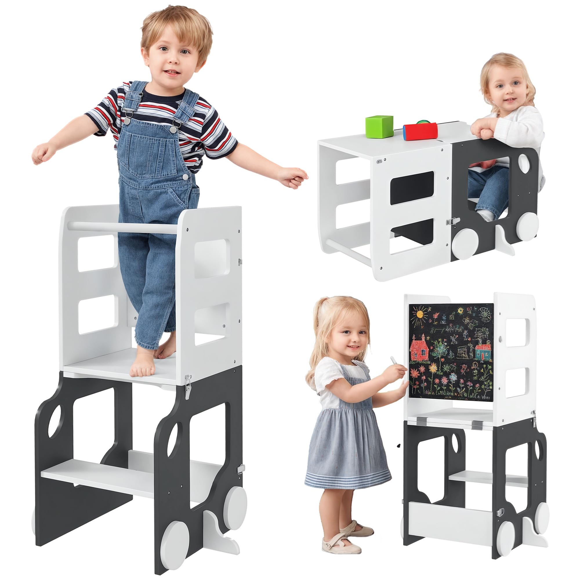 Aiyaplay Grey Toddler Step Stool, 4 In 1 Standing Tower, Foldable Toddler Step With Safety Rail, For Kitchen, Bathroom, Counter, White And