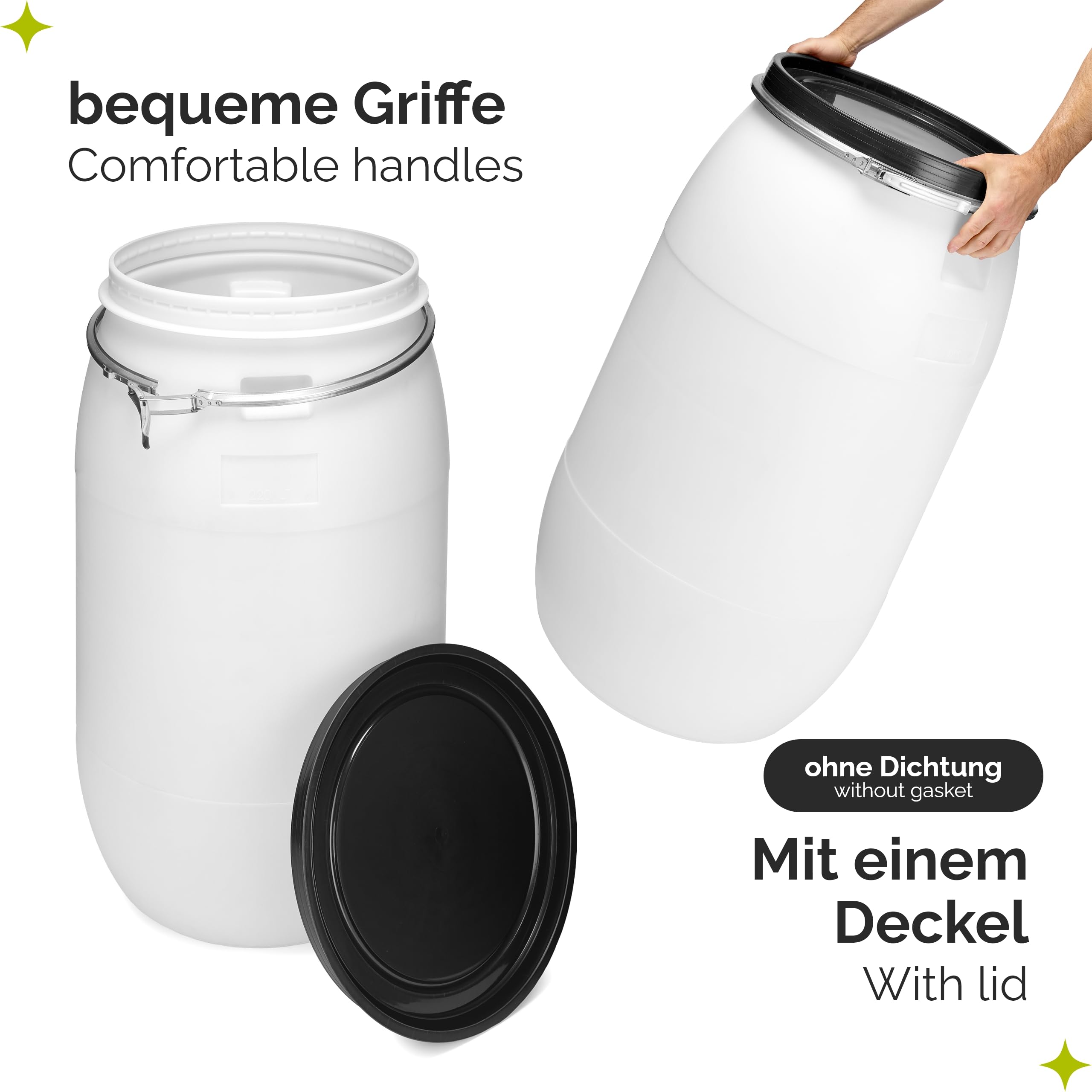 Garronda Set 2X 220 Liter Regentonne mit Deckel Weithalsfass aus HDPE Regenfass für Garten Fass 220l Regenwassertonne Futtertonne Wasserbehälter Universalfass Wasserfass Wassertank GD-0124 Weiß