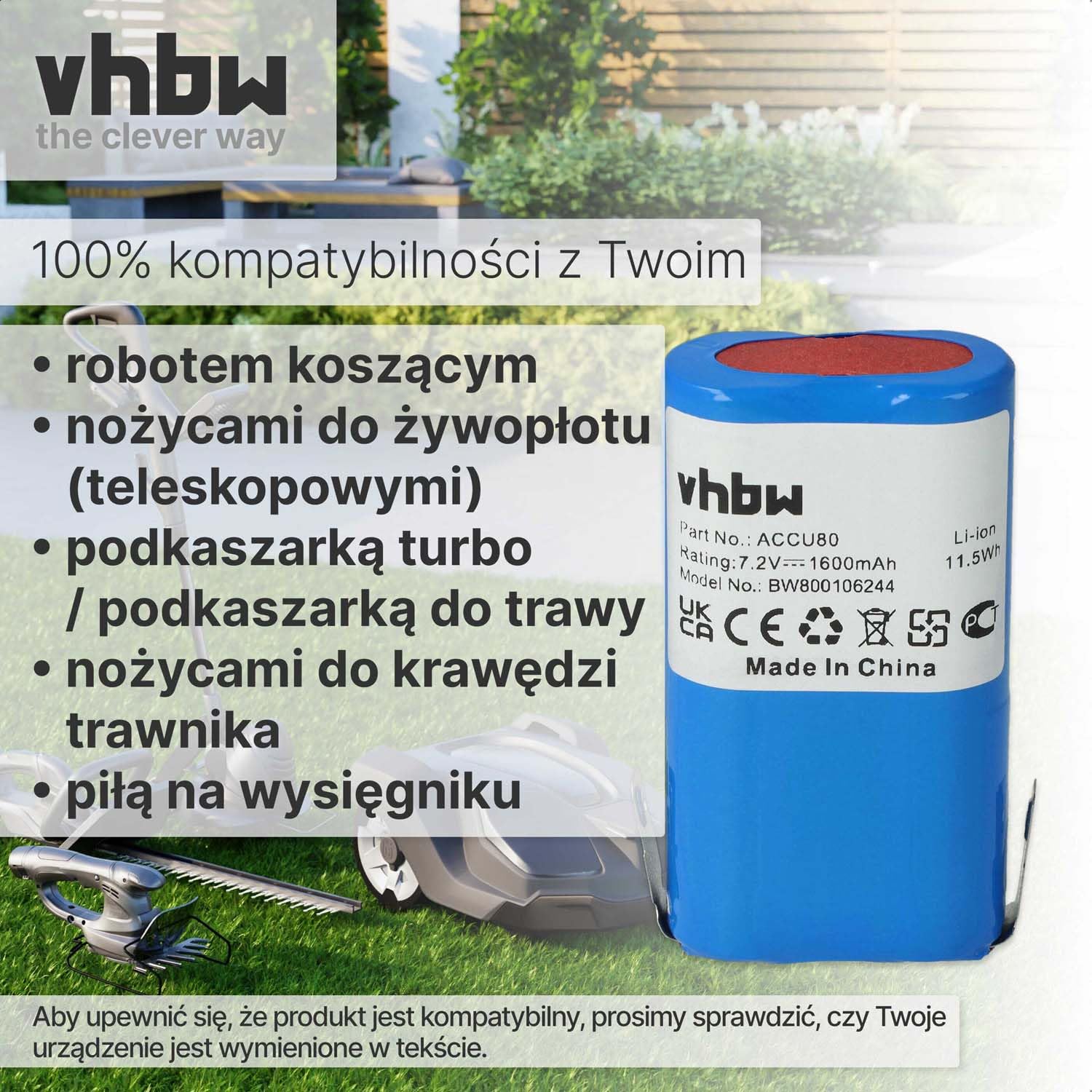 vhbw Bateria kompatybilna z Gardena Accu80 8824 nożyce do żywopłotu, nożyce elektryczne (1600mAh, 7,2V, Li-ION)