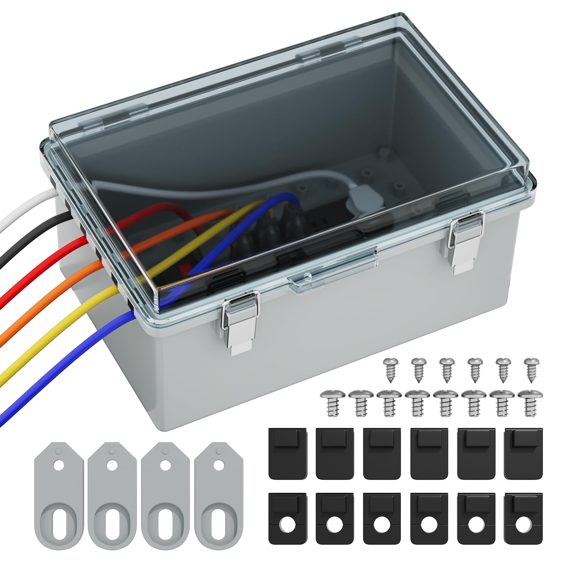 LeMotech ABS Junction Box Hinged Clear Cover Stainless Steel Latch IP67 Waterproof Enclosure With Mounting Plate Wall Bracket For Electrical Project 11.4x7.5x5.5 Inch (290x190x140mm
