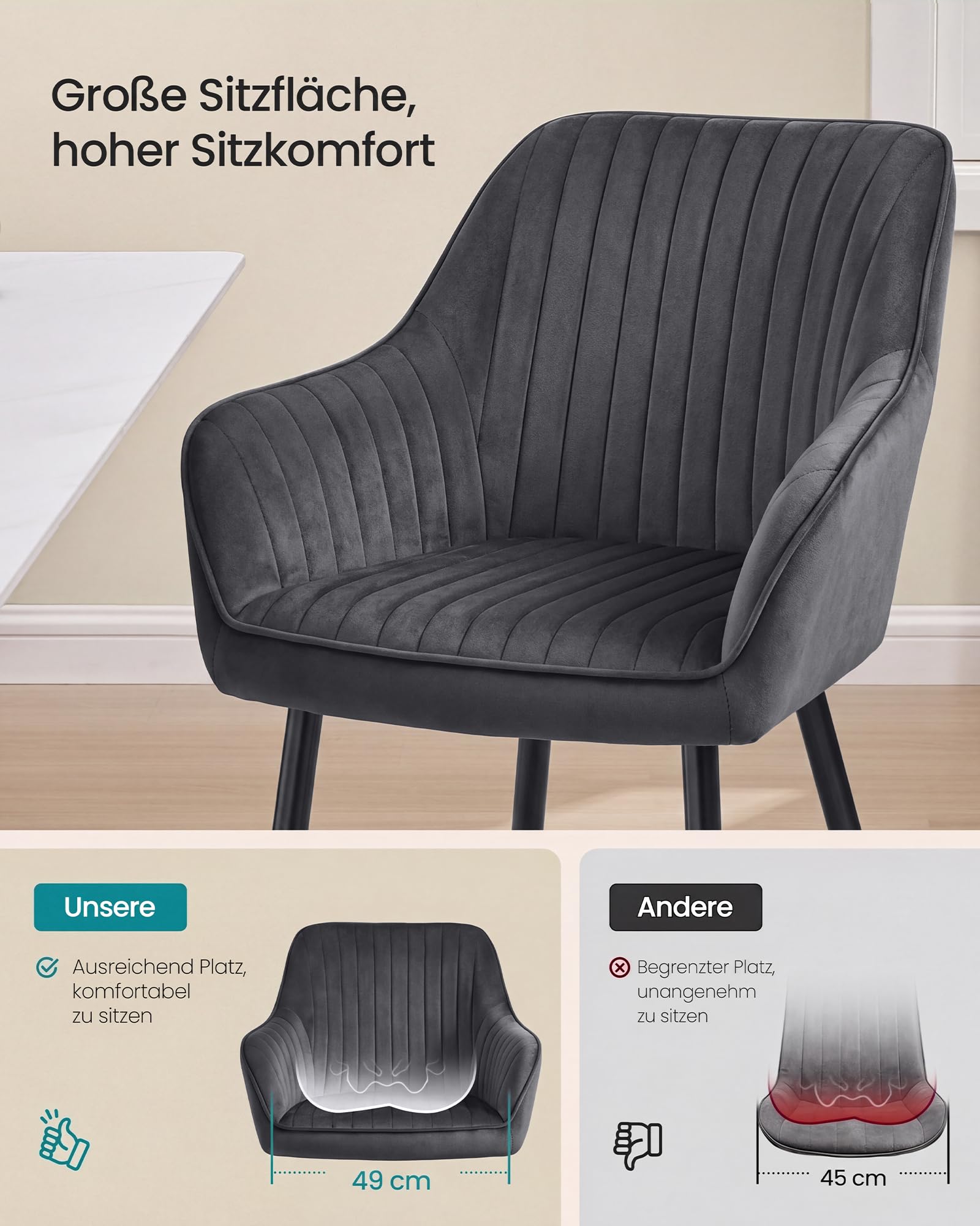 SONGMICS Esszimmerstuhl, 2er Set, Küchenstuhl, Sessel, Samt, Polsterstuhl mit Armlehnen, Loungesessel, bis 120 kg belastbar, Metallbeine, für Esszimmer, Küche, grau-tintenschwarz LDC087G02