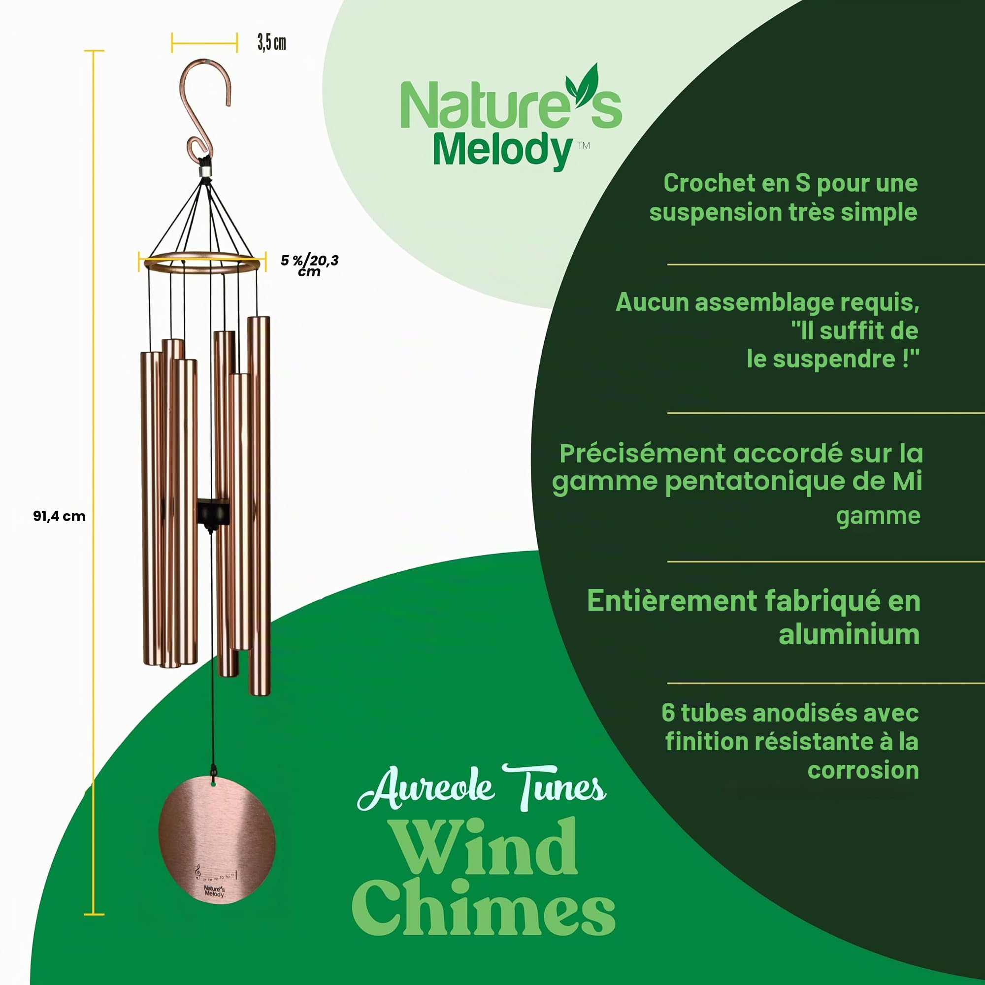 Nature's Melody Aureole Tunes Carillon à vent d'extérieur, 6 tubes, gamme pentatonique de Mi, aluminium inoxydable, finition poudrée, crochet en S, pour condoléances, cadeau commémoratif, jardin zen