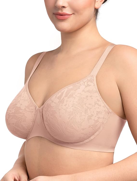 Hsia ミニマイザーブラ 女性用 フルカバー シームレス レース 裏地なし リフトブラ, ダークピンク, 36ddd