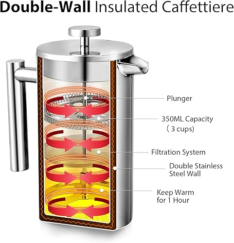 Miniatura 8 de Cafetera de prensa francesa de 34 onzas, 33.8 fl oz de acero inoxidable con doble aislamiento, cafetera de 8 tazas de café expreso, olla portátil