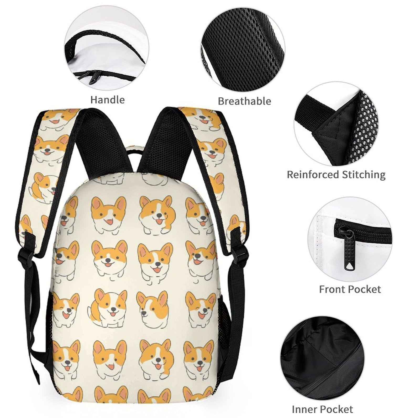 Cartable Scolaire Kawaii Corgis Chien Garçons Filles 8-12 Ans Sac d'École Motif Chiot CP-CE1 School Bag Bretelles Réglables Livres Cahiers Gourde Randonnée Loisirs