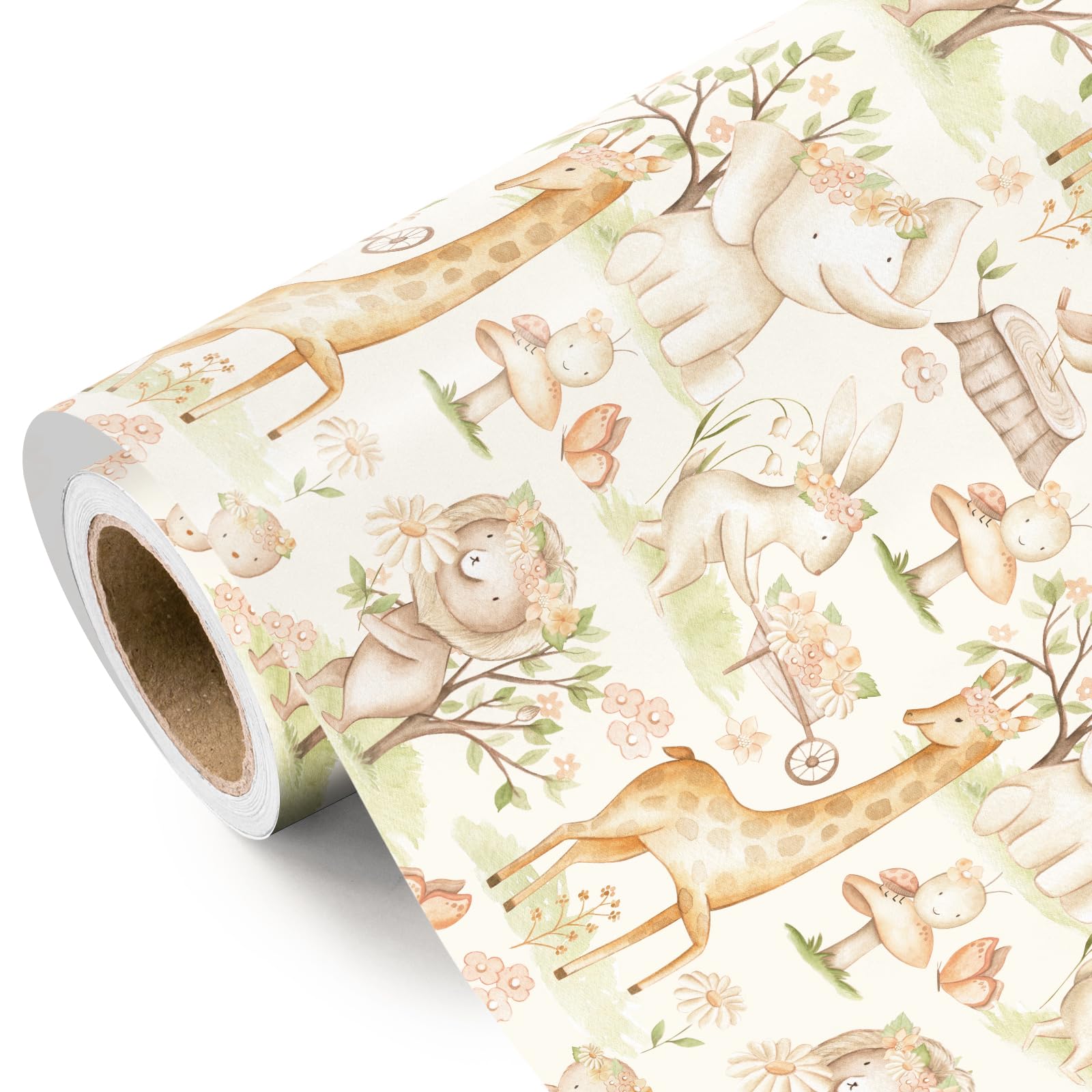 RUSPEPA Cream Baby Shower Wrapping Paper - 43.2cm x 3m - Spring Garden Animals Gift Wrap for Boys Girls Kids Birthday, Animals Lover