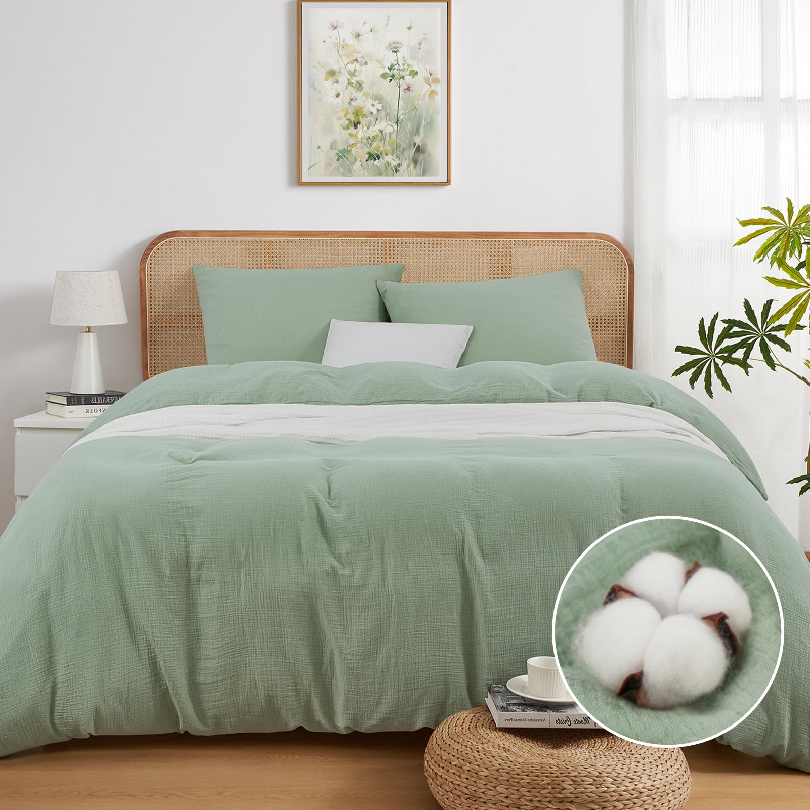 Housse de Couette 200x220 Gaze de Coton Ultra Doux et Respirant Oeko-TEX Parure de lit Vert Sauge - Housse de Couette 200x220 + 2 Taies d'oreiller 80x80