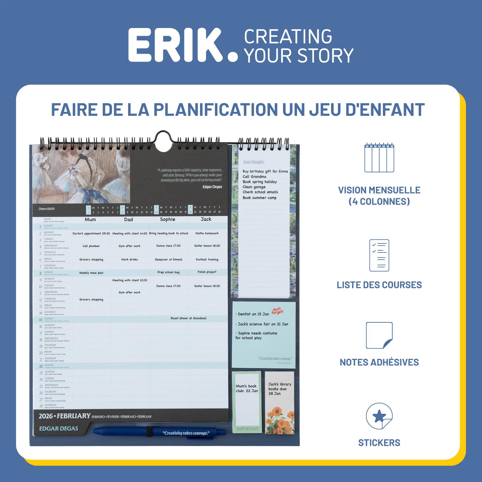 Grupo Erik Calendrier Art Planificateur Mensuel 16 mois Septembre 2025 à Décembre 2026 Familial avec Crochet