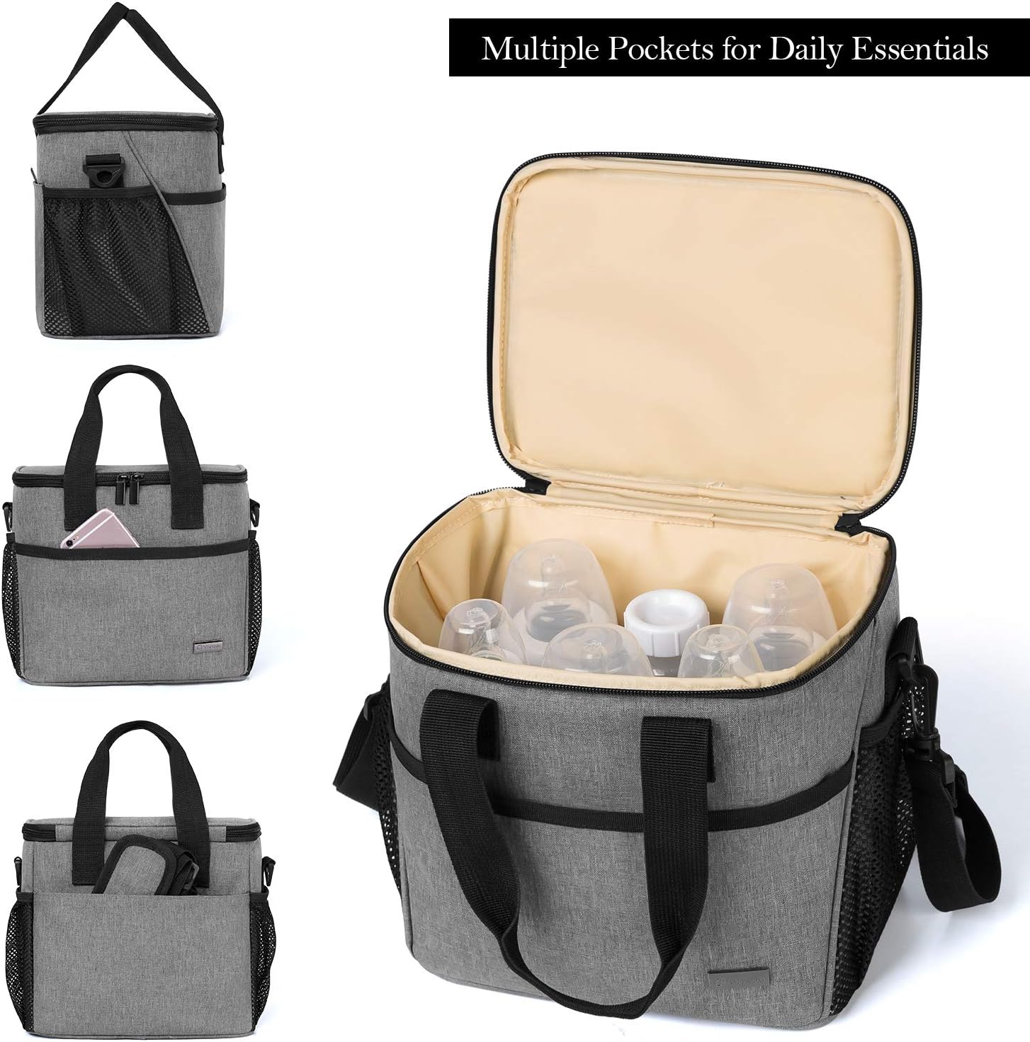 YARWO Breast Milk Cooler Bag with Ice Pack for 6 Bottles up to 9 Ounce, Insulated Baby Bottles Tote Bag for Breastfeeding Mothers on The go, Gray