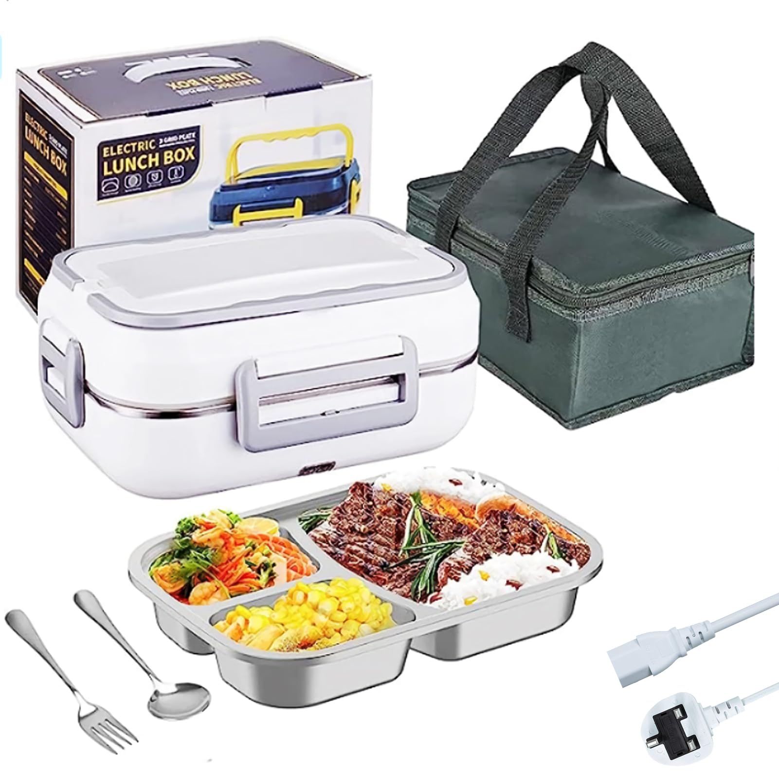 VAODO Electric Lunch Box Food Heater, Portable Stainless Steel Food Heater, Water Free Removable Lunch Box with Spoon, Fork and Thermal Bag for Office, Car/Truck, Home, Travel