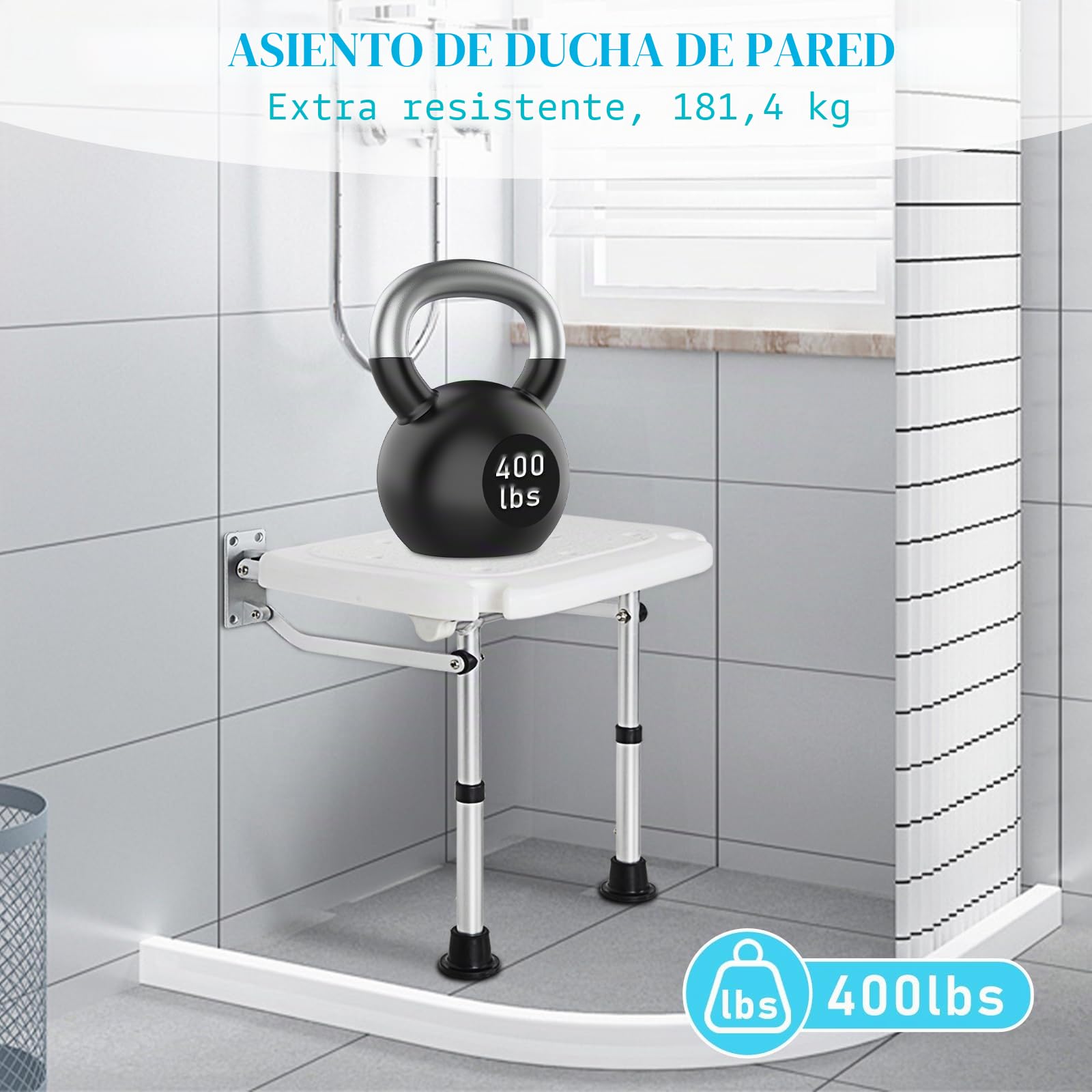 OUUTMEE Silla de ducha plegable, montada en la pared, altura ajustable, para personas mayores, capacidad de carga 180 kg, almacenamiento cómodo, blanco