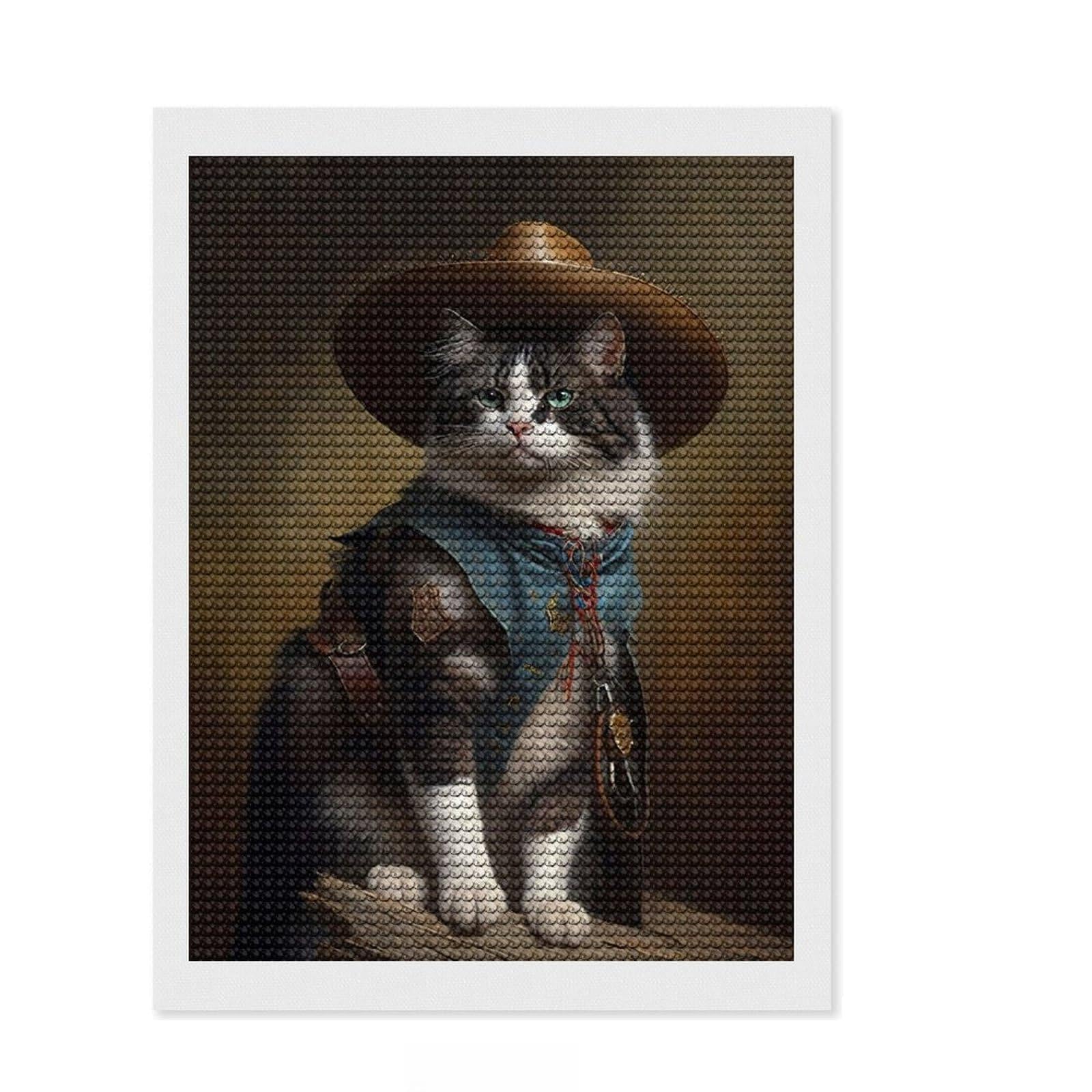 Junmoney Cowboy Cat Diamond Painting Set 12"x16", for Craft Lovers, Creative Leisure Activity, Farmhouse Decor, Holiday Gift Idea