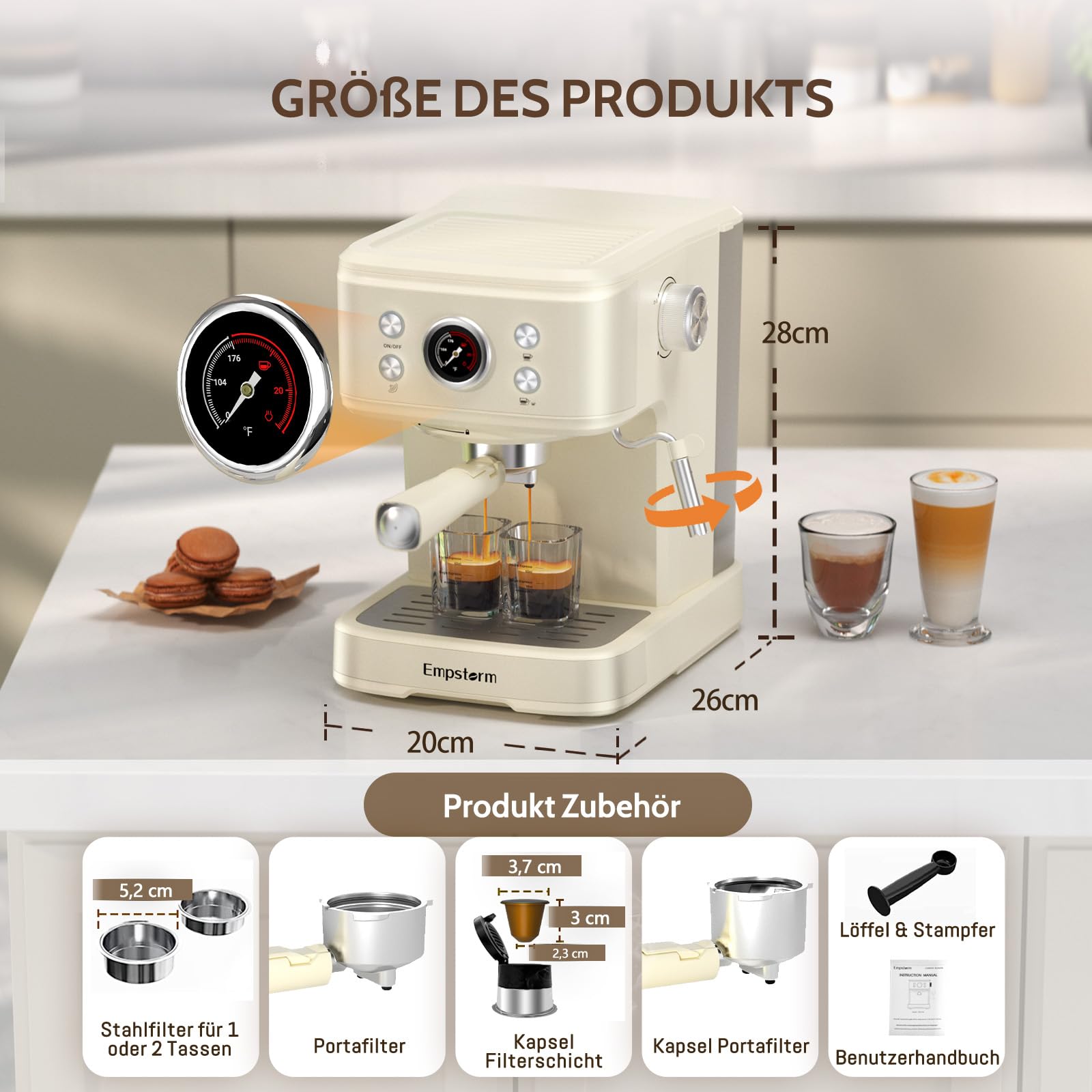 Empstorm Espresso Siebträgermaschine 20 Bar 2 in 1 Kaffeemaschine 1,5L Wassertank Weiß