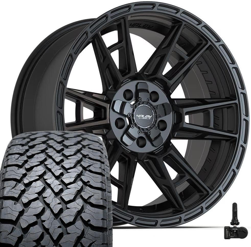 4PLAY Wheels 4PS20 20 Inch Rims and Tires Fit 5x127 & 5x139.7 20x9 Satin Black - TS-37 AT 275/55-20 (Set of 5)