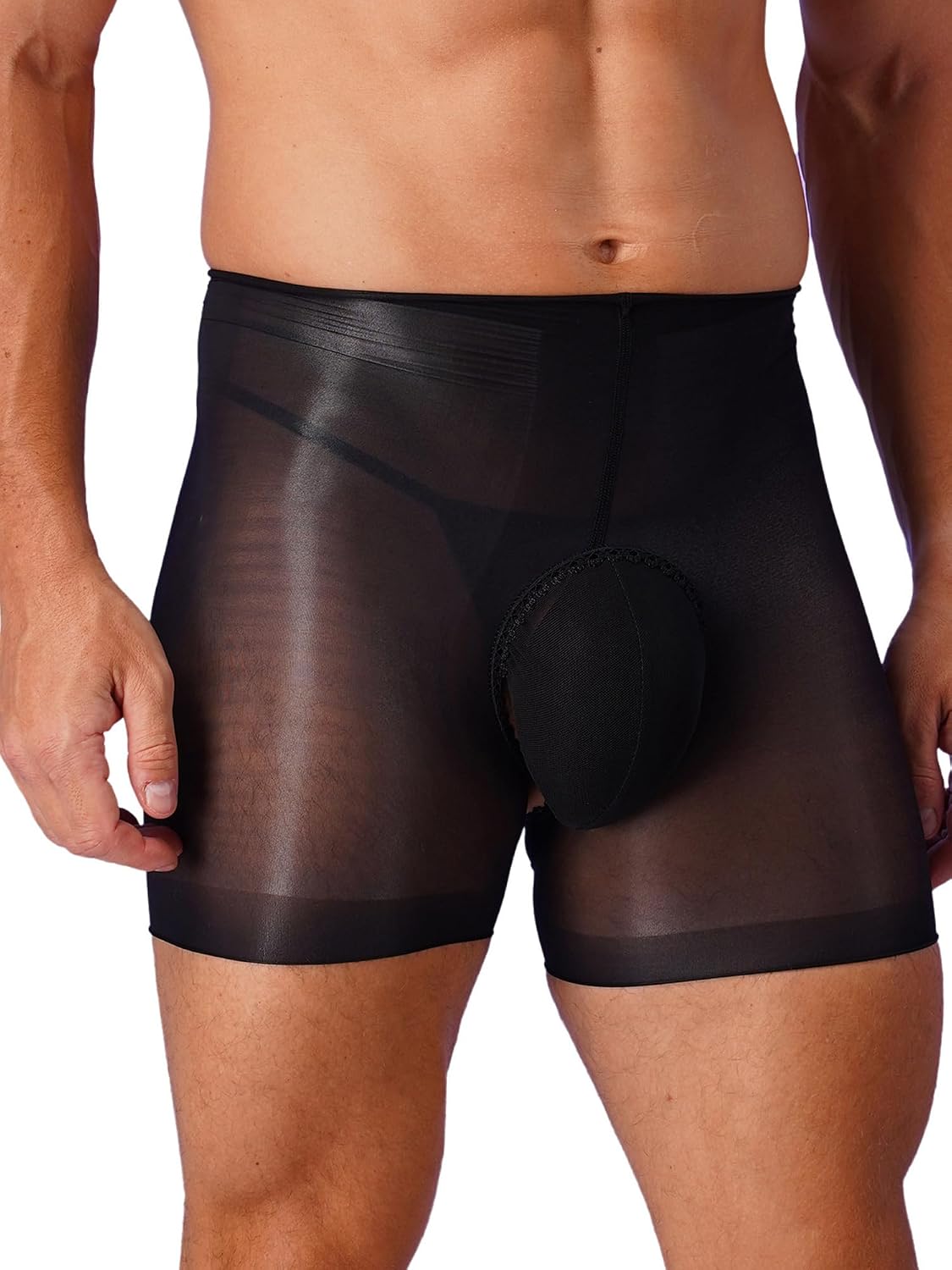 Men’s Sexy Ice Silky Hollow Out Shorts Ultra Thin Glossy Compression Pants Shapewear Underwear
