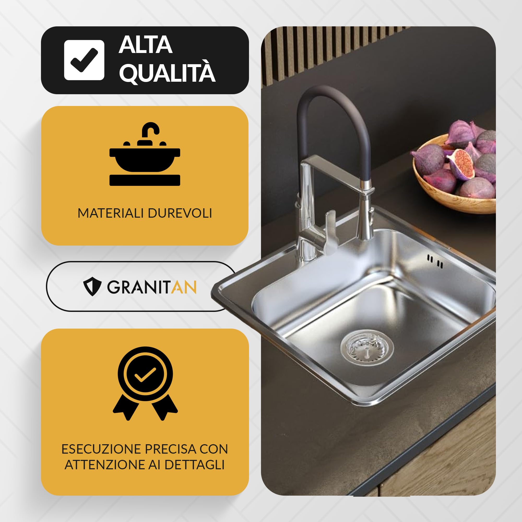 GRANITAN Lavello acciaio con sifone 38 x 38 cm - Lavandino da Incasso in Acciaio - Lavello in Acciaio Inox con Foro per Rubinetto per Lavabo - Diametro 92 mm - Lavabo per Cucina - Raso 38