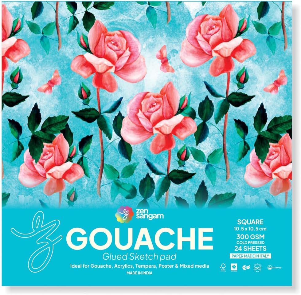 Zen Sangam Express your Mind - Square Gouache Glued Watercolor Sketch Paper Pad - 300 Gsm - Cold Pressed - 24 Sheets - Rough Grain Surface - Size (10.5Cm X 10.5Cm) - Gouache Book