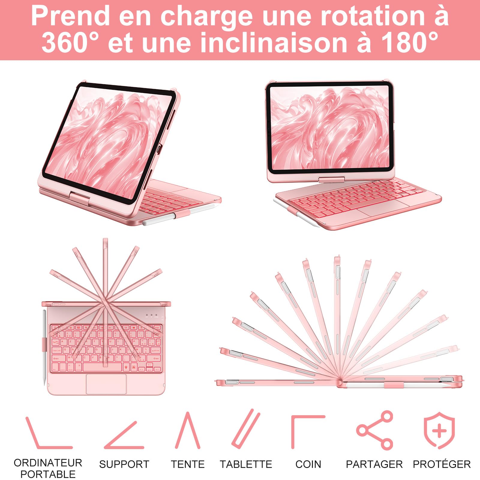 aMZCaSE Clavier pour iPad 10/11 Ème Gen(10.9Pouces 2022/11 A16 2025) avec Housse de Protection Rotative à 360° Porte-Stylet étui Clavier Rétroéclairé 7 Couleurs rétro-éclairé Français (Or Rose)