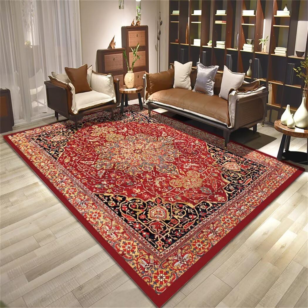 Carpette salon tapis chambre ado rouge 100x150 à motif floral rétro vintage