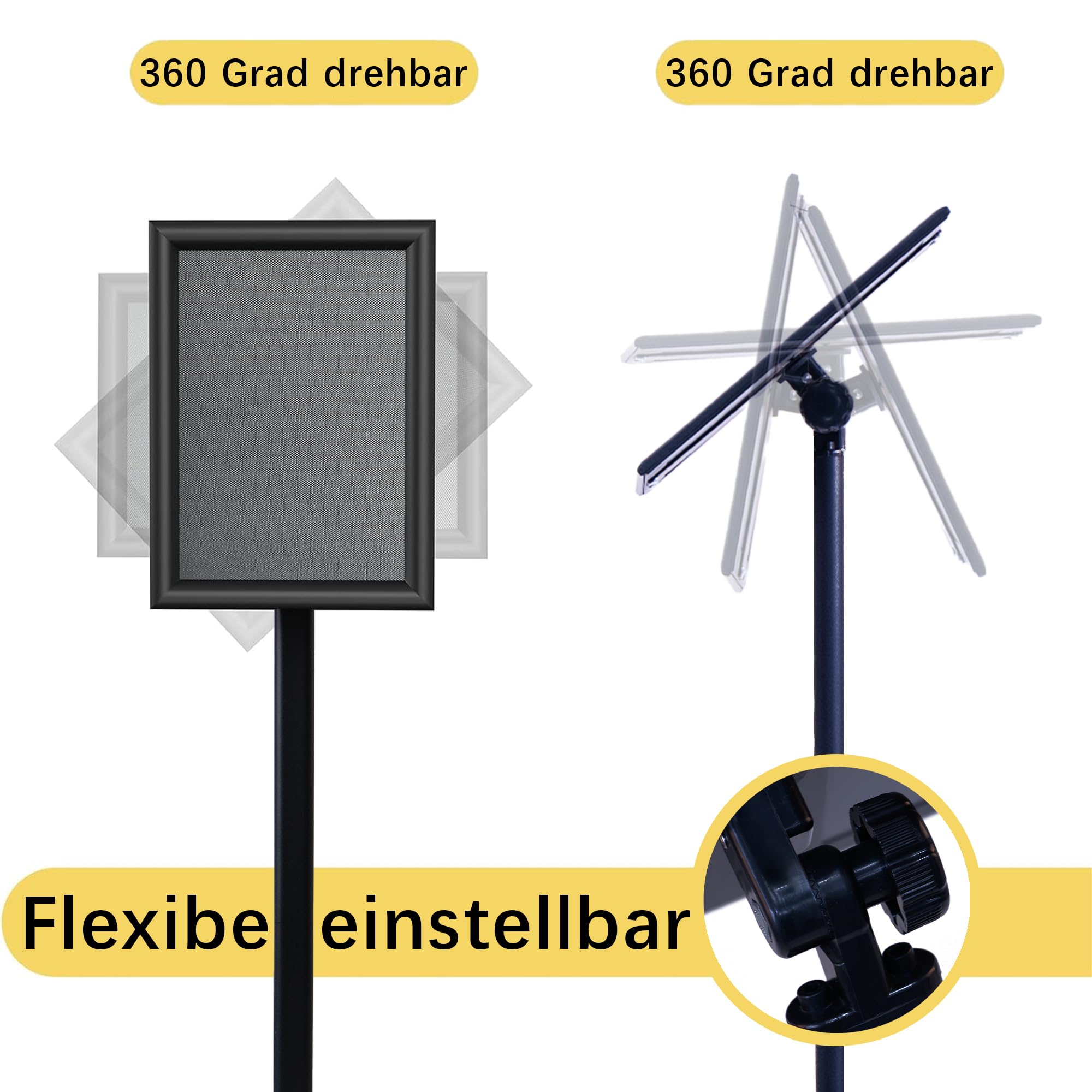 A4 Espositore da terra regolabile, supporto per poster con display rotante, scaffali informativi resistenti, base quadrata in ghisa, espositore per vendita, espositore pubblicitario, Nero