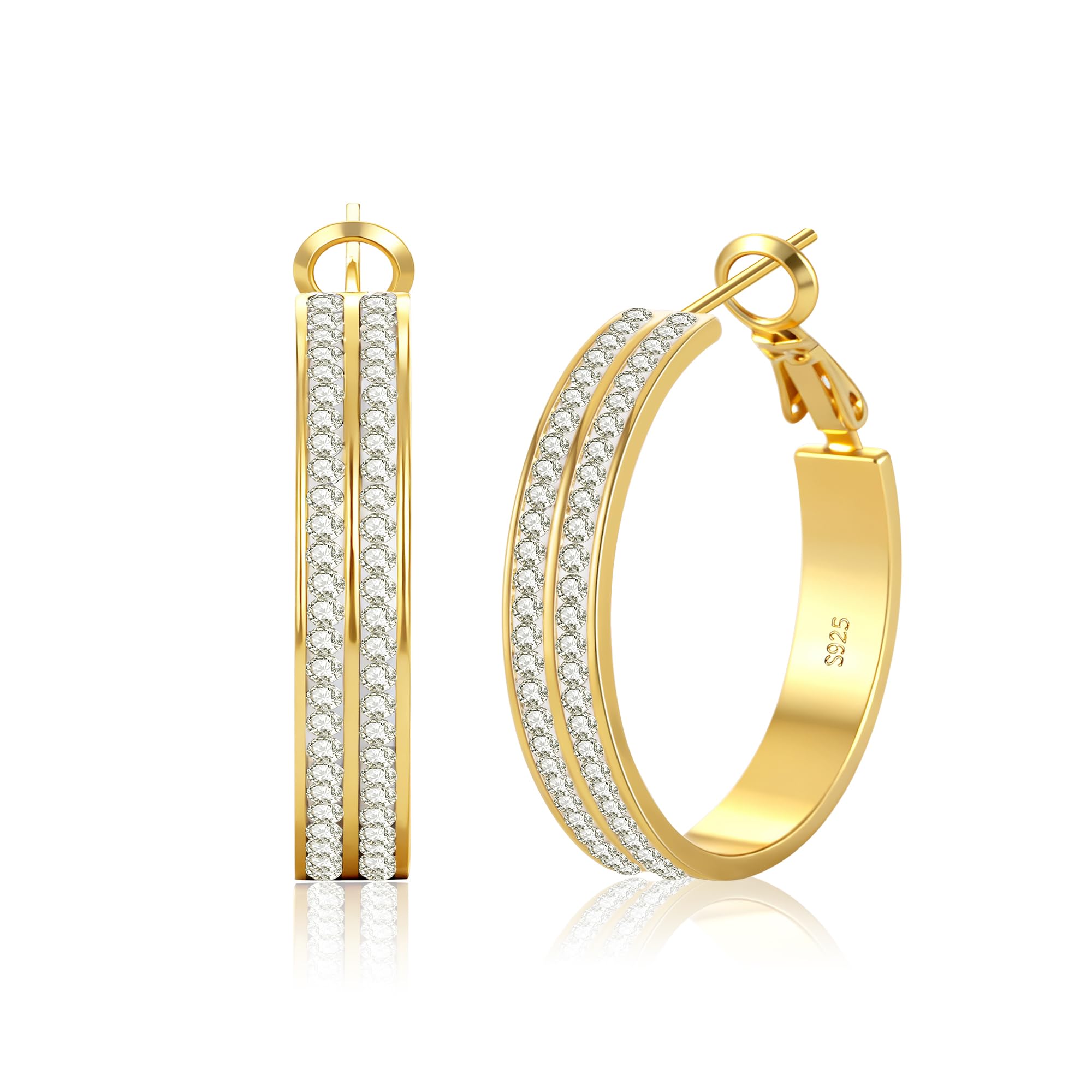LOUMILEO 5MM Creolen Silber 925 für Damen Leicht funkelndes Gold Strass Doppeltes Rhinestone Ohrringe Gold Hypoallergene Creolen Silber mit Kubischem Zirkonia Schmuck Geschenk 30MM / 40MM