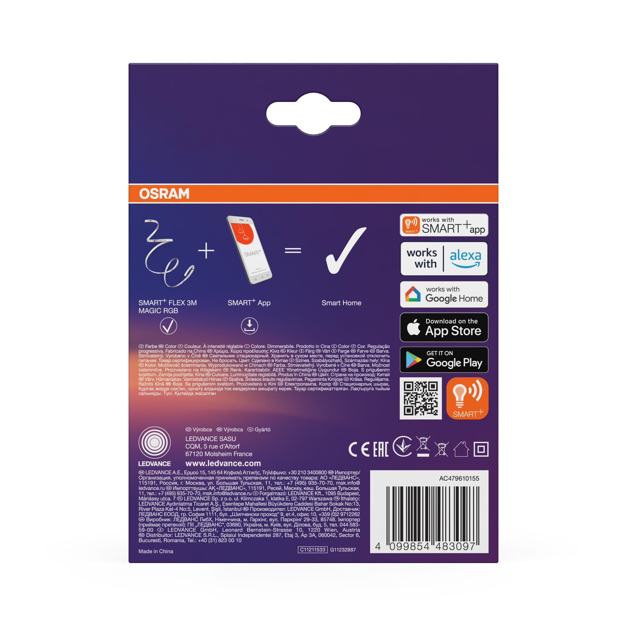OSRAM Tira LED SMART+ WiFi FLEX 3M, blanca, 15W, 350lm | Smart+ Wifi Flex Magic RGB, Ambient Mood Light, Blanco, 30000 h, Paquete de 1